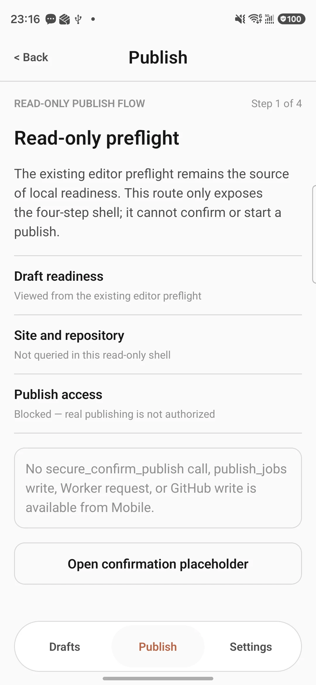 Reltext Mobile read-only publishing preflight on Android